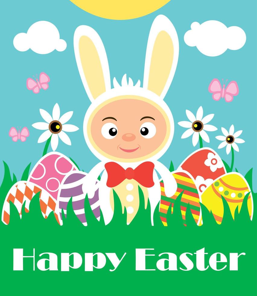 Easter background with boy in white costume rabbit vector