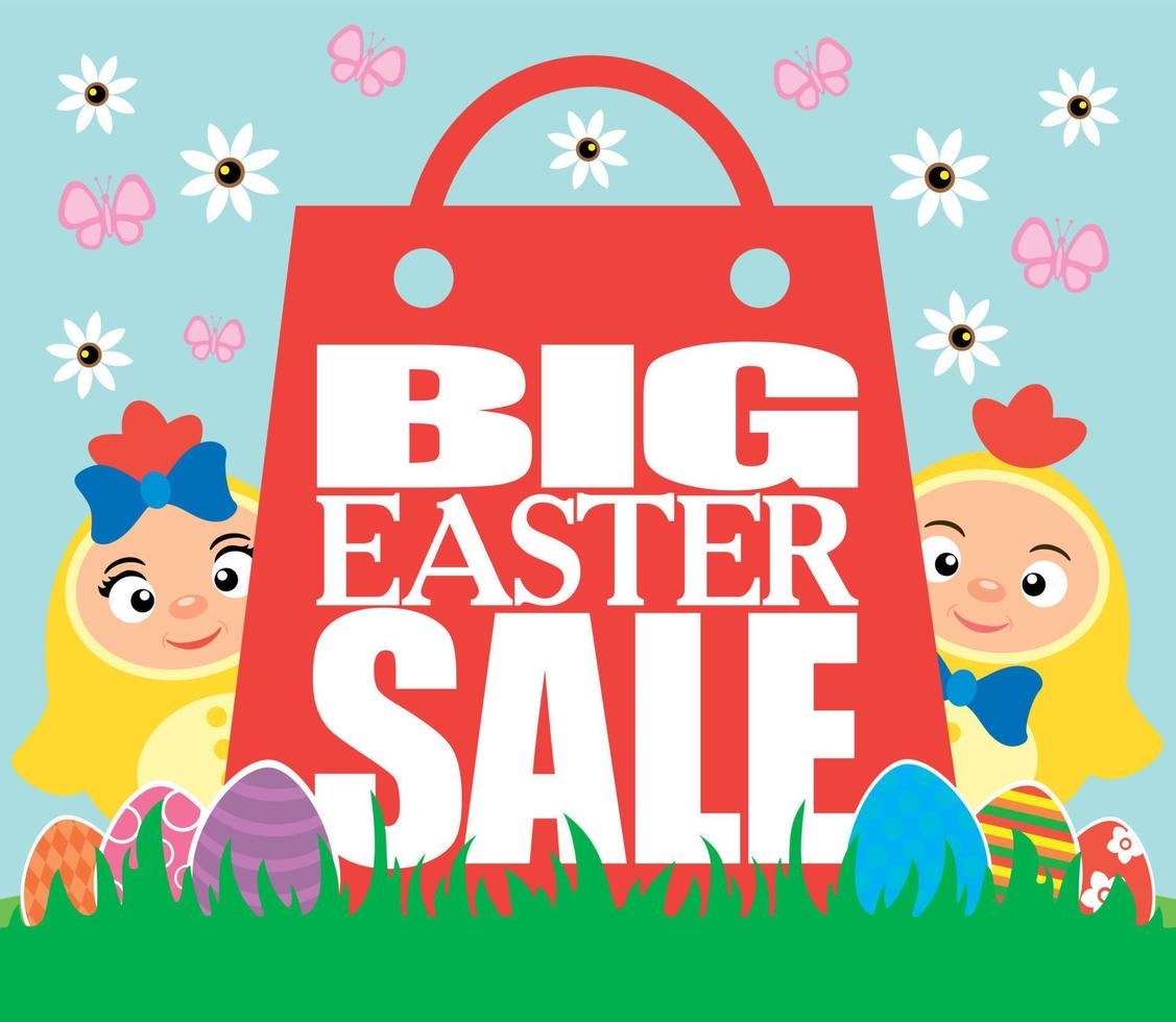 Big Easter sale card with kids in costume chickens vector