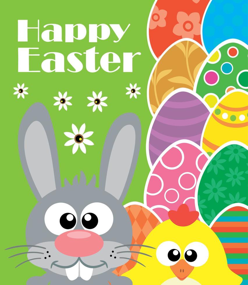 Happy Easter background card with rabbit and chicken vector