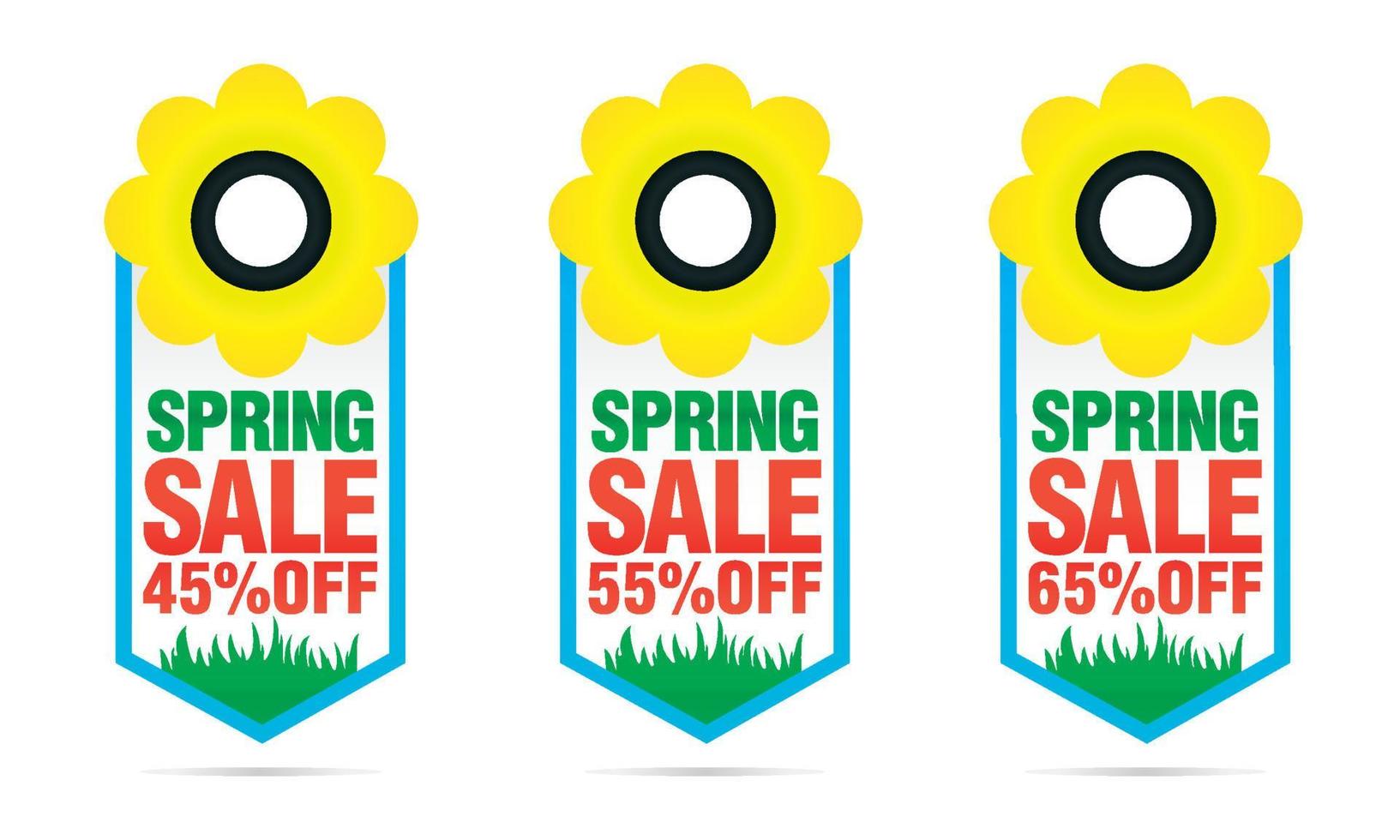 Set of colorful Spring sale badges 45, 55, 65 off with flower. Vector illustration