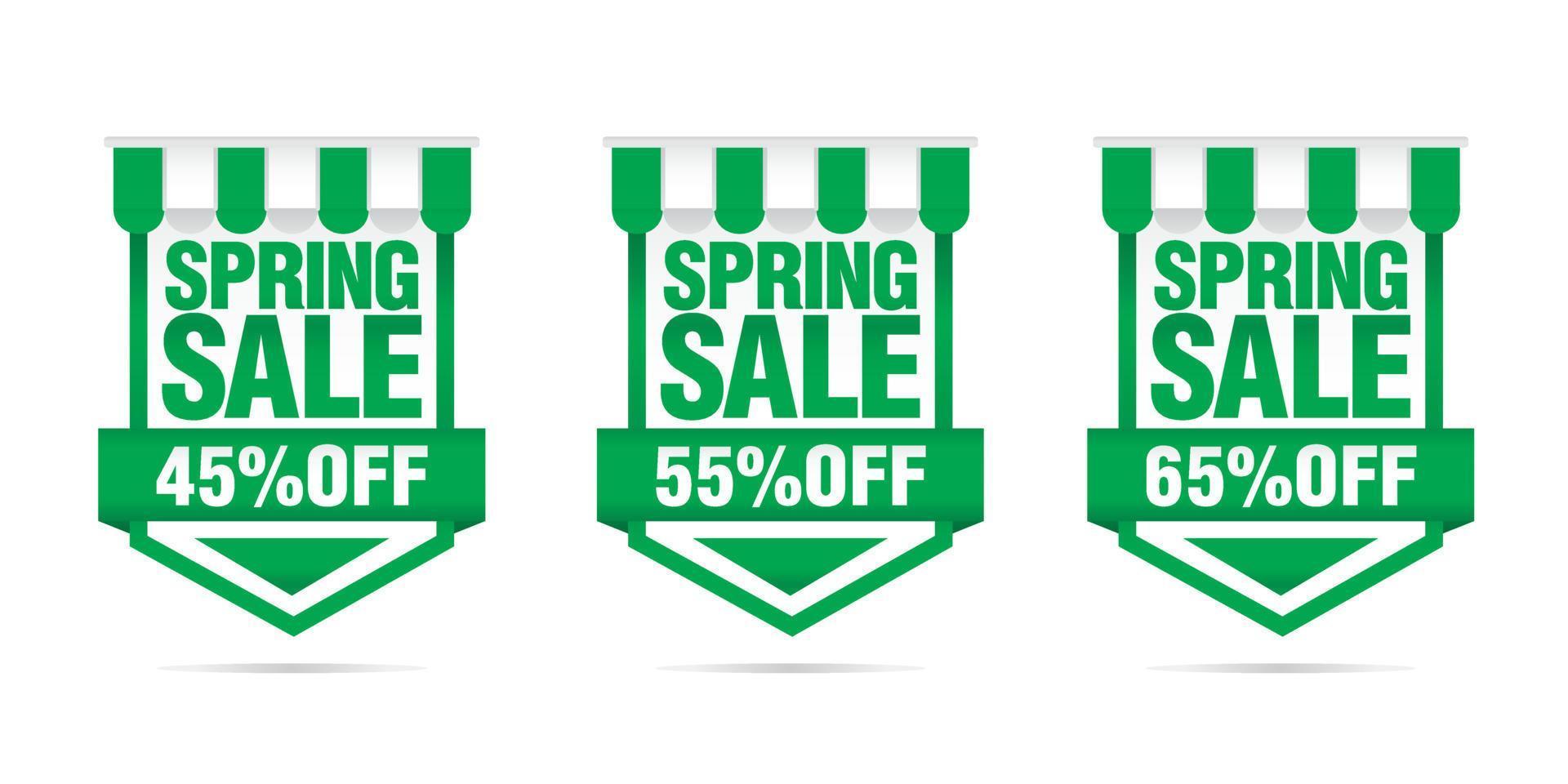 Shopping sale. Set of Spring sale green badges 45, 55, 65 off vector