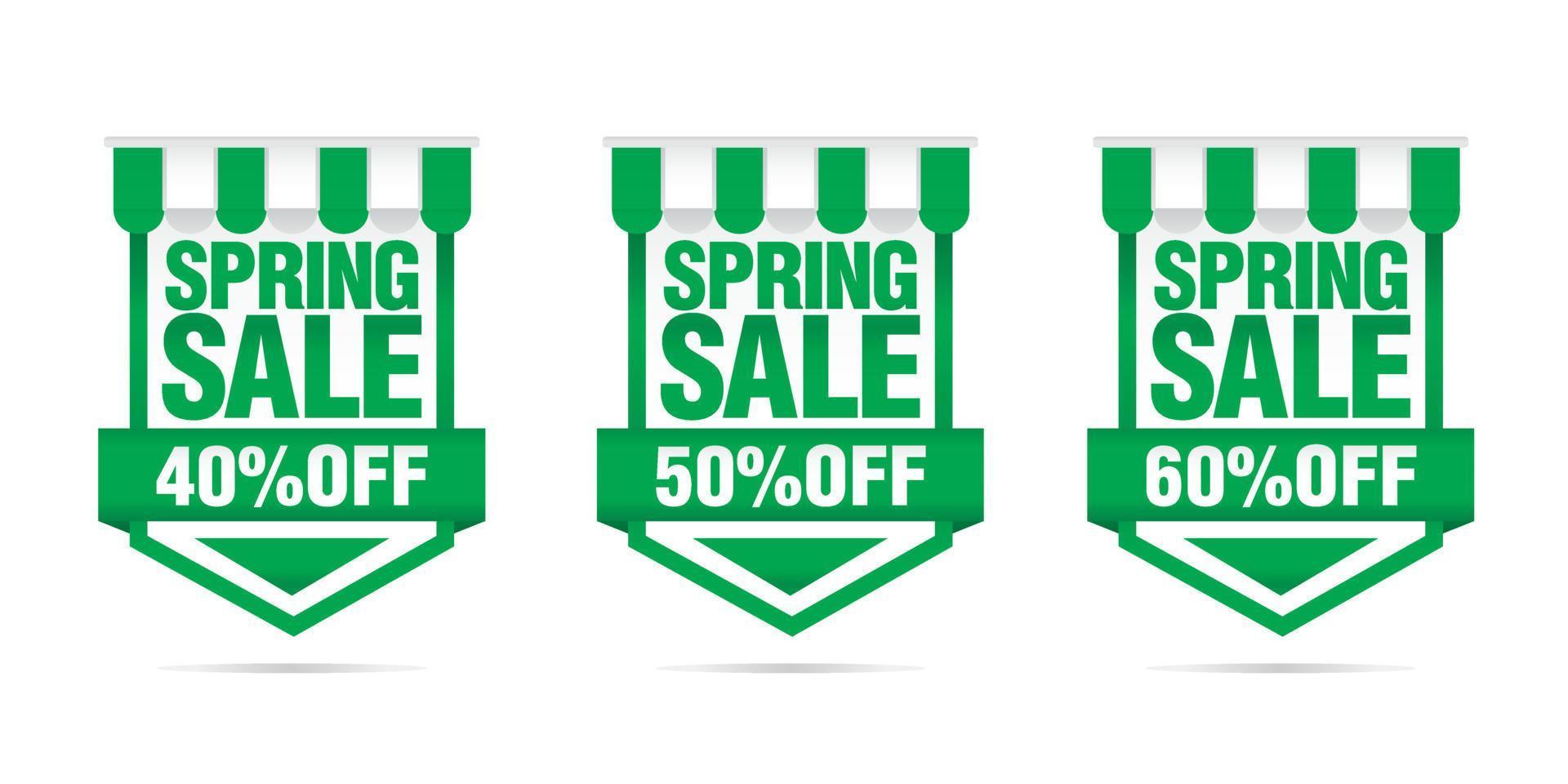 Shopping sale. Set of Spring sale green badges 40, 50, 60 off vector