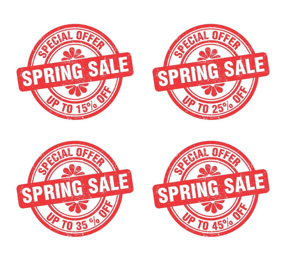 Spring sale grunge stamp sign set. Sale up to 15, 25, 35, 45 percent off vector