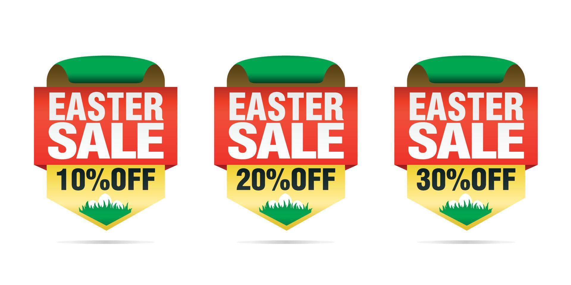 Easter sale set badges 10, 20, 30 off with Easter eggs. vector