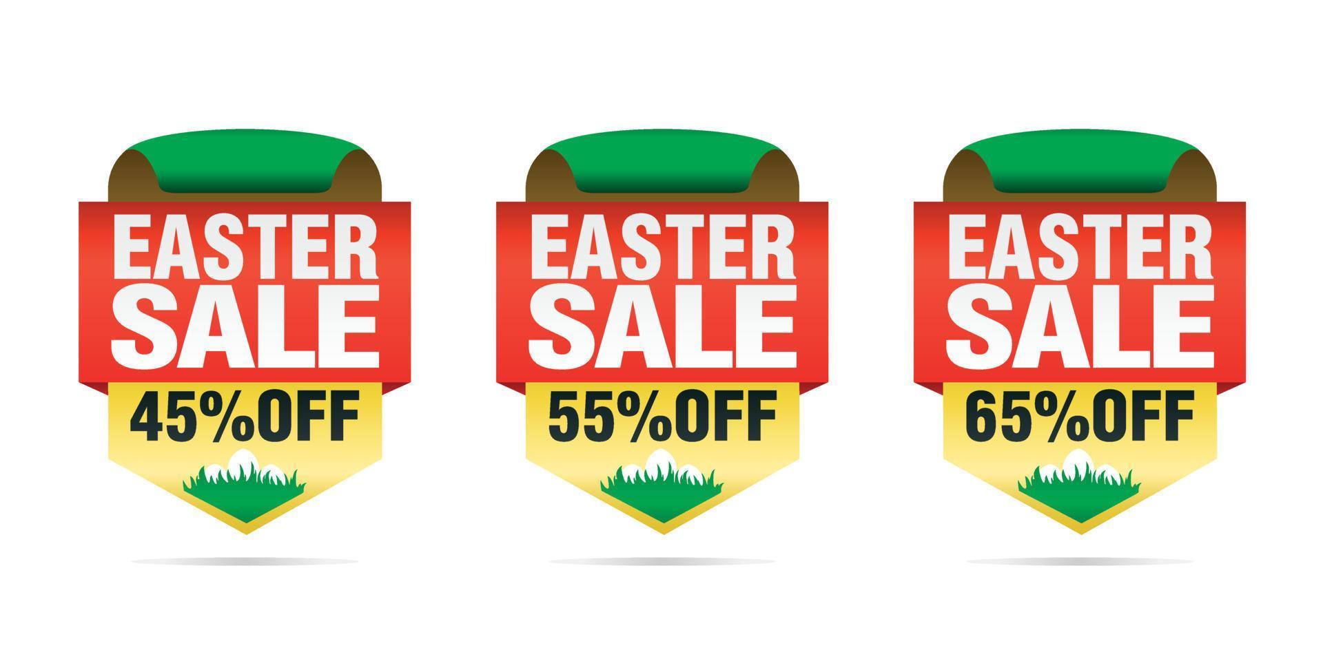 Easter sale set badges 45, 55, 65 off with Easter eggs vector