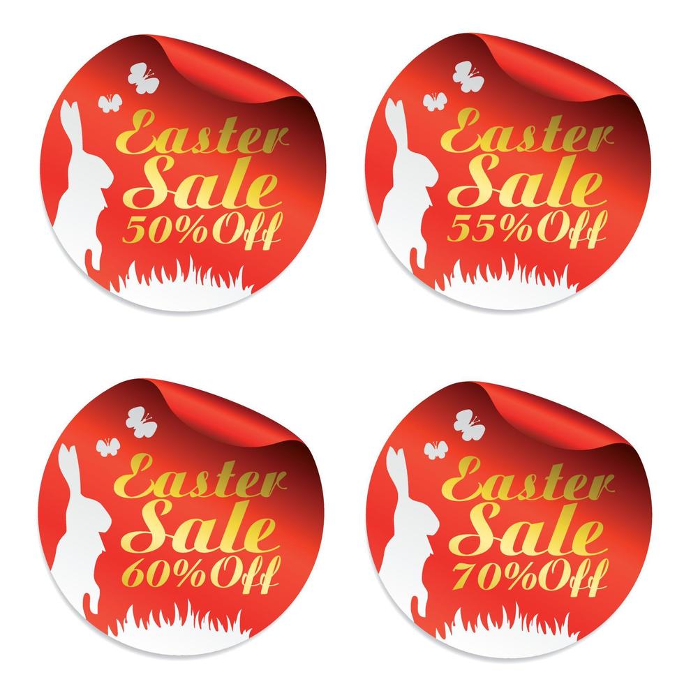 Easter red sale stickers set 50, 55, 60, 70 off with rabbit vector