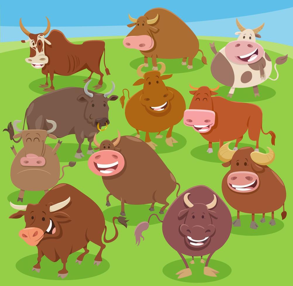 cartoon bulls farm animals comic characters group vector