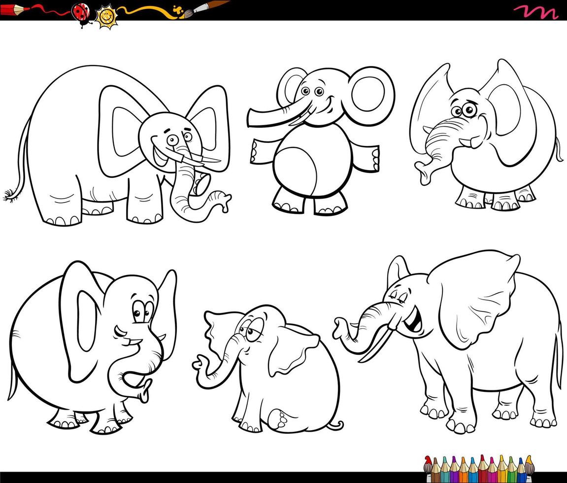 dibujos animados elefantes animales conjunto colorante página vector