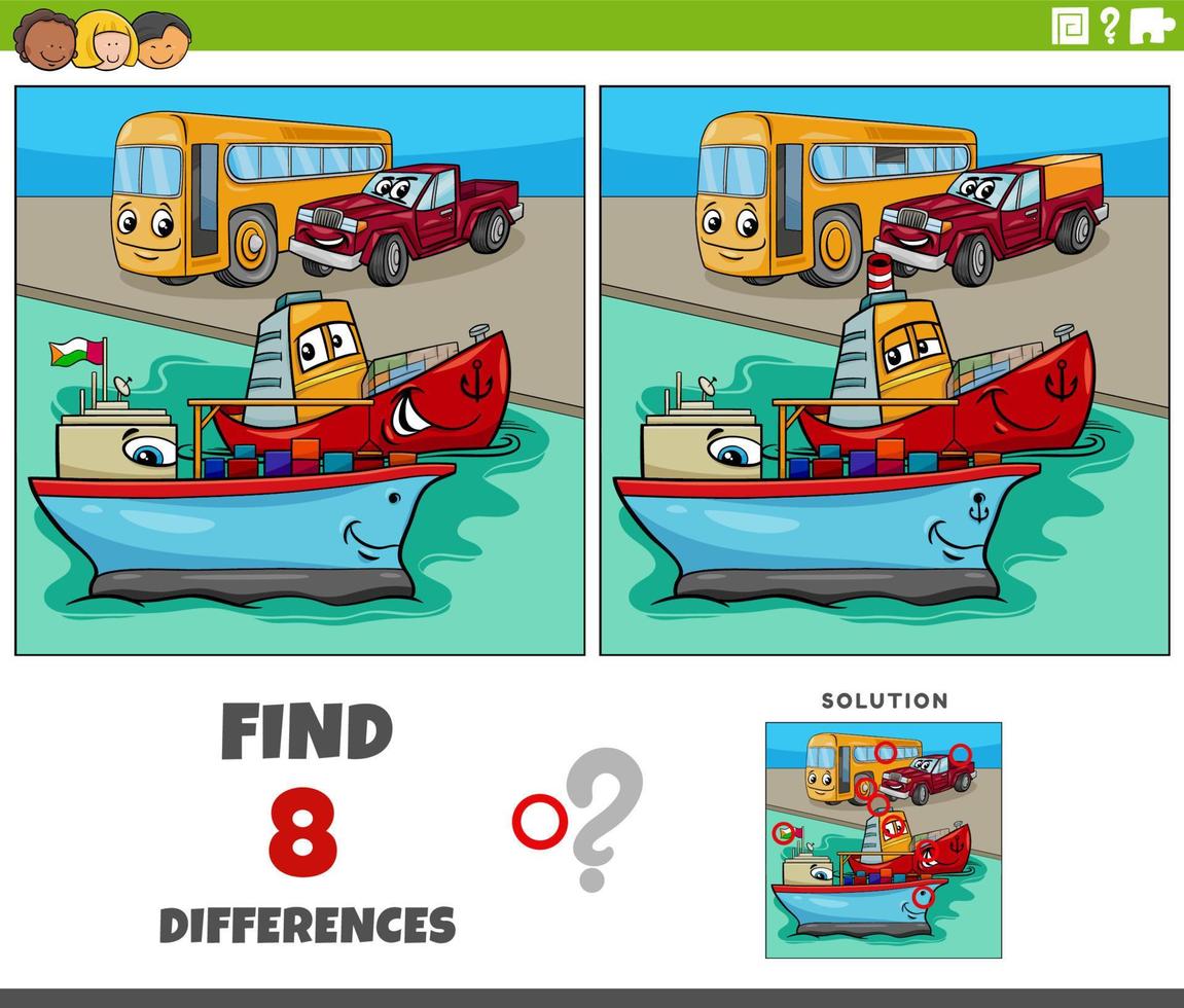 diferencias juego con dibujos animados transporte vehículos caracteres vector