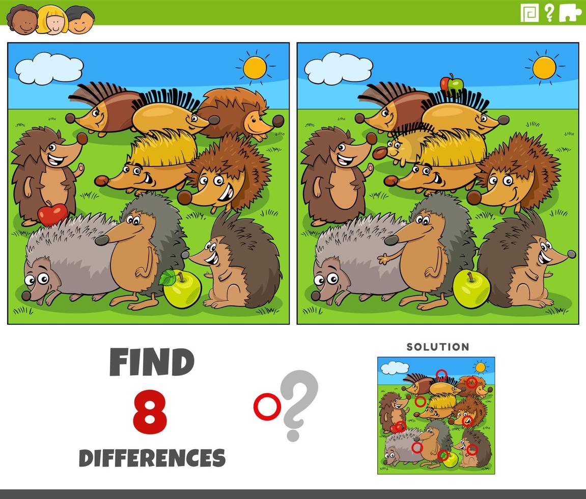 differences game with cartoon hedgehogs characters vector