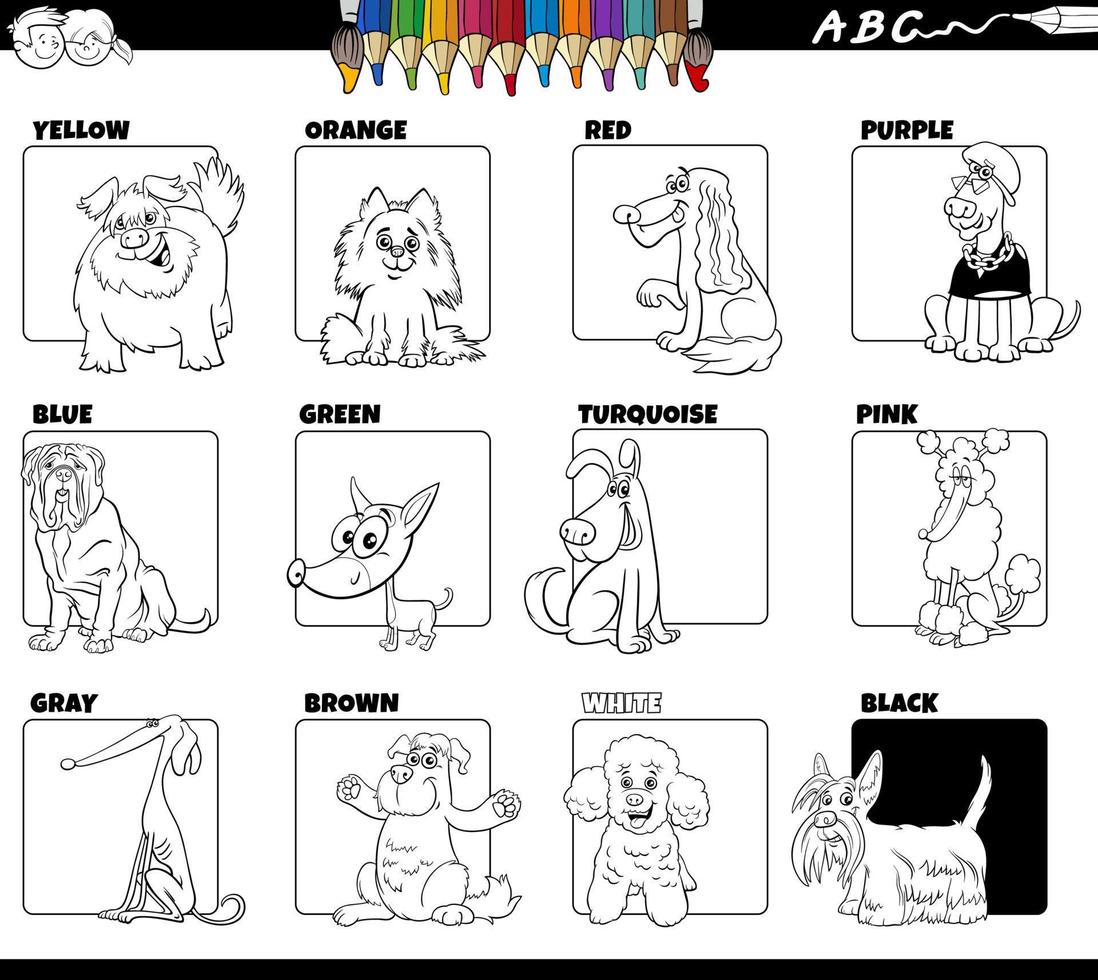 básico colores con perros caracteres conjunto colorante página vector