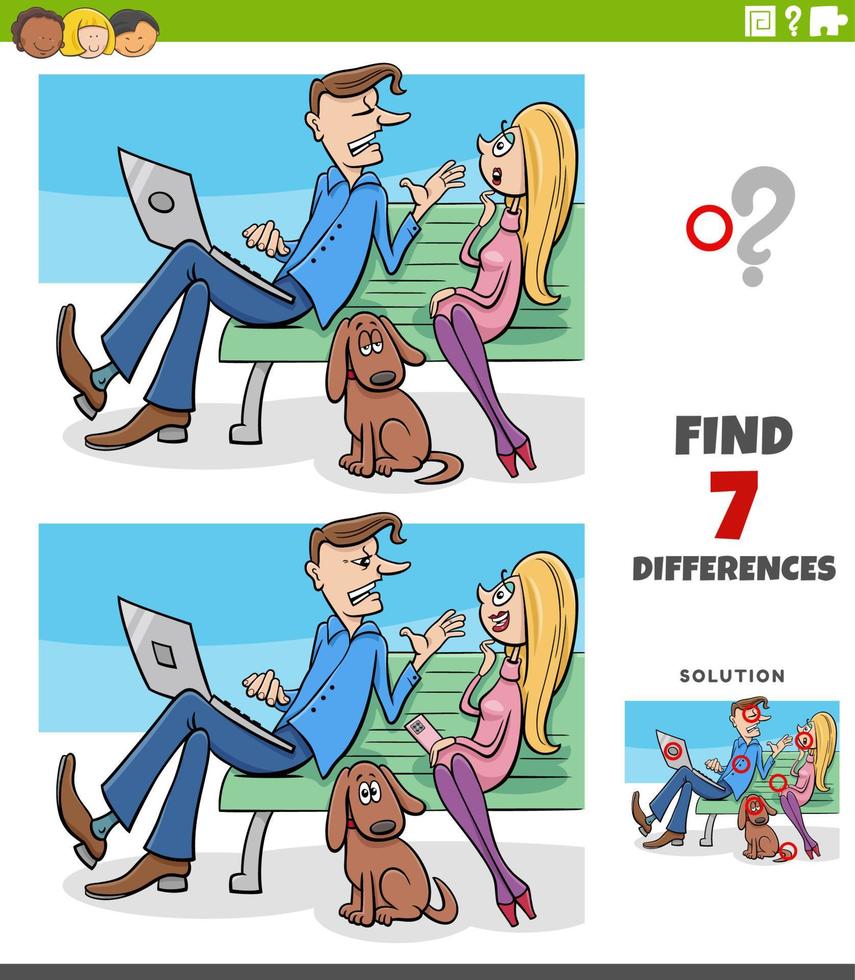 differences game with cartoon couple in the park with dog vector