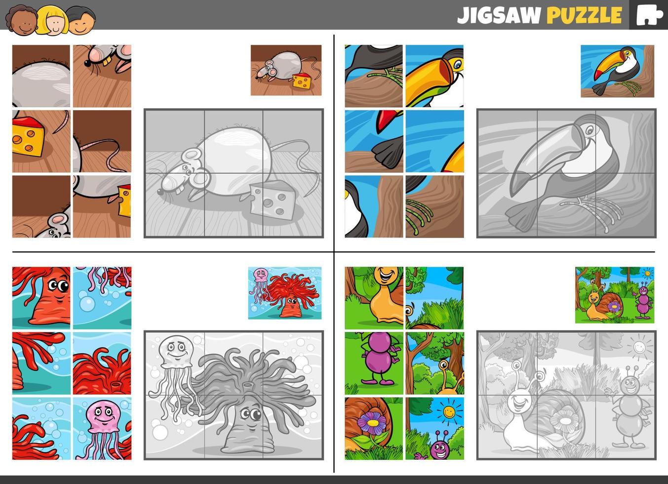 jigsaw puzzle game set with cartoon animals vector