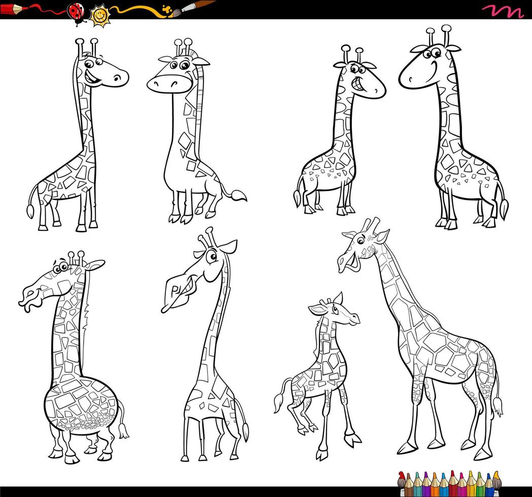 funny cartoon giraffes characters set coloring page vector