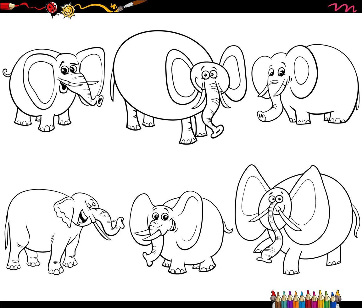 funny cartoon elephants characters set coloring page vector