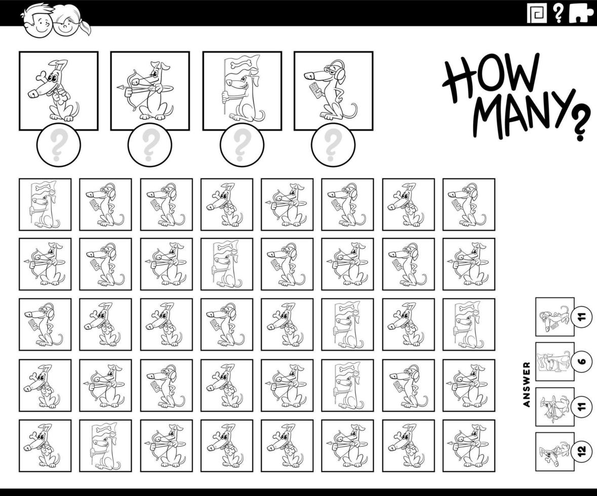 how many cartoon dogs counting game coloring page vector