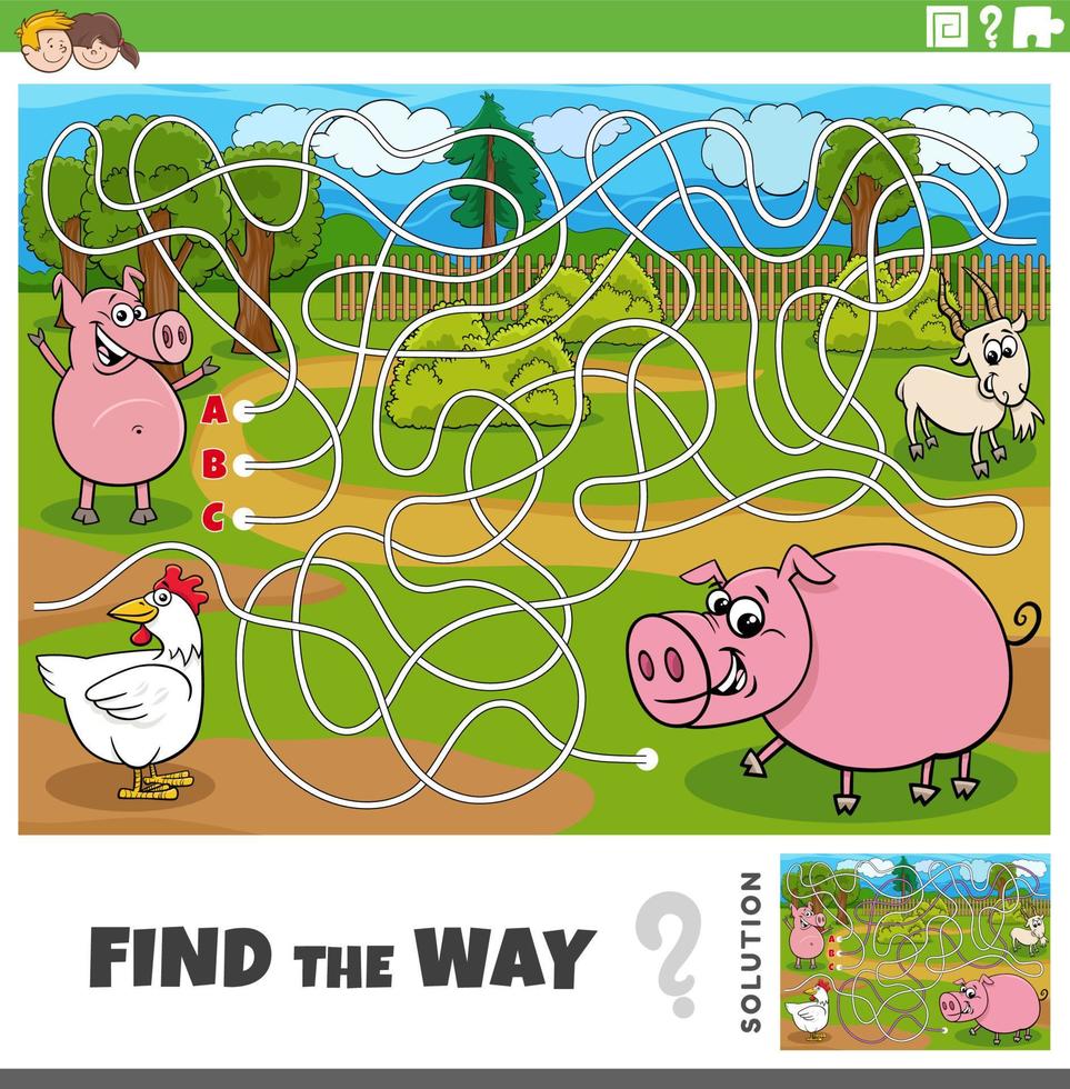 encontrar el camino juego con dibujos animados granja animales vector