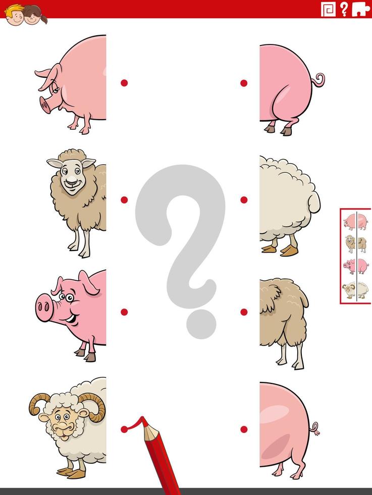 match halves of pictures with farm animals educational task vector