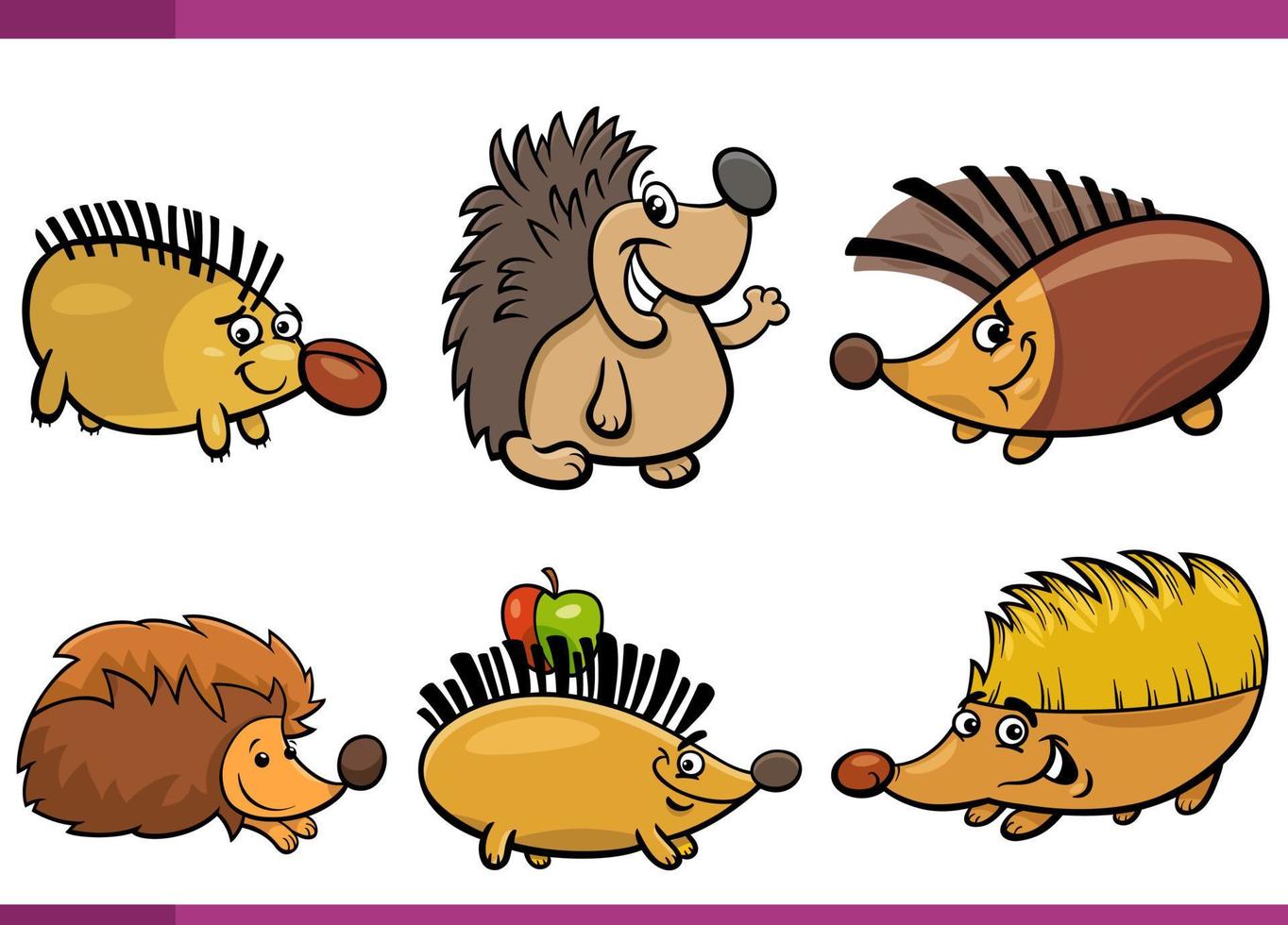 cartoon happy hedgehogs comic animal characters set vector