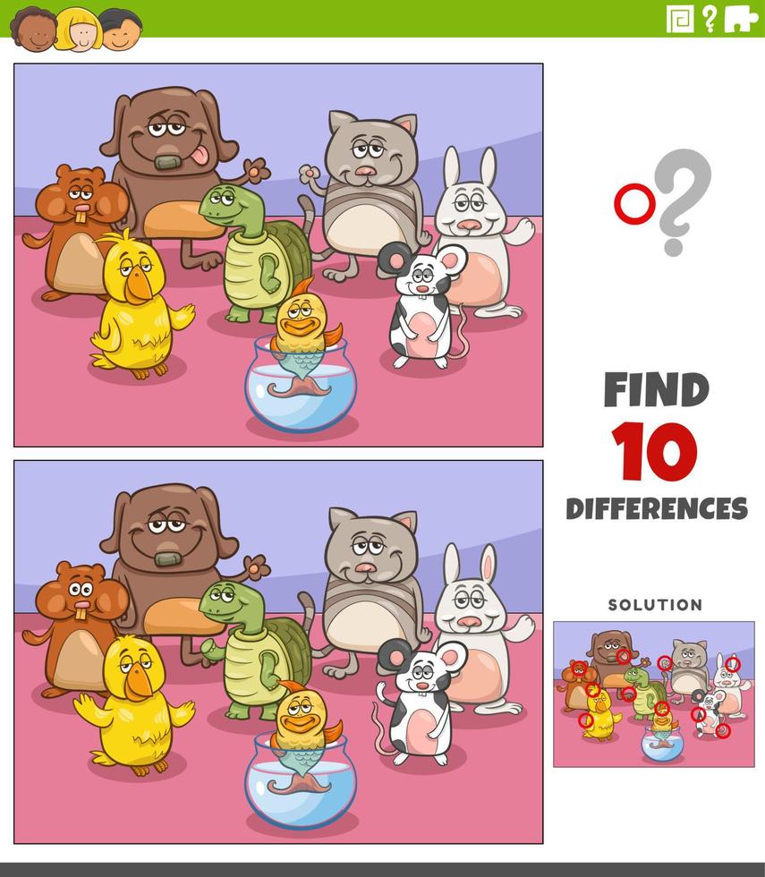 diferencias juego con dibujos animados mascotas animal caracteres vector