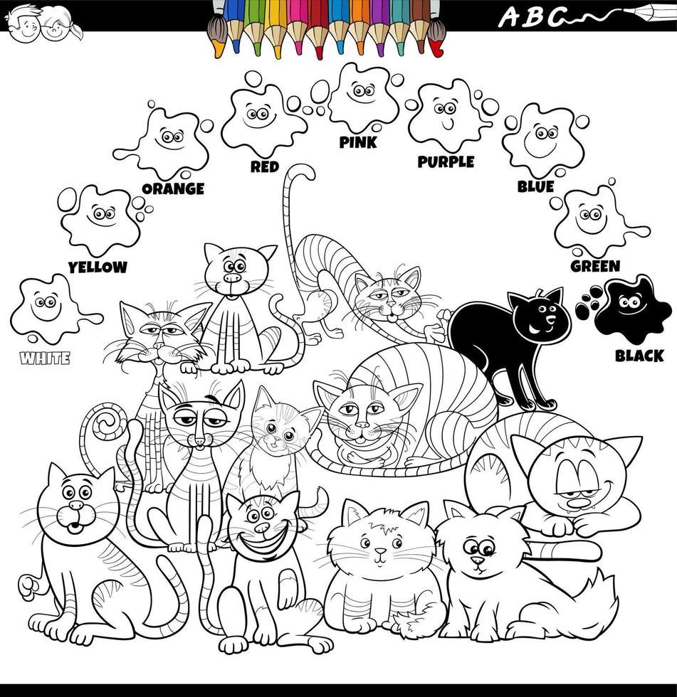 básico colores con dibujos animados gatos colorante página vector