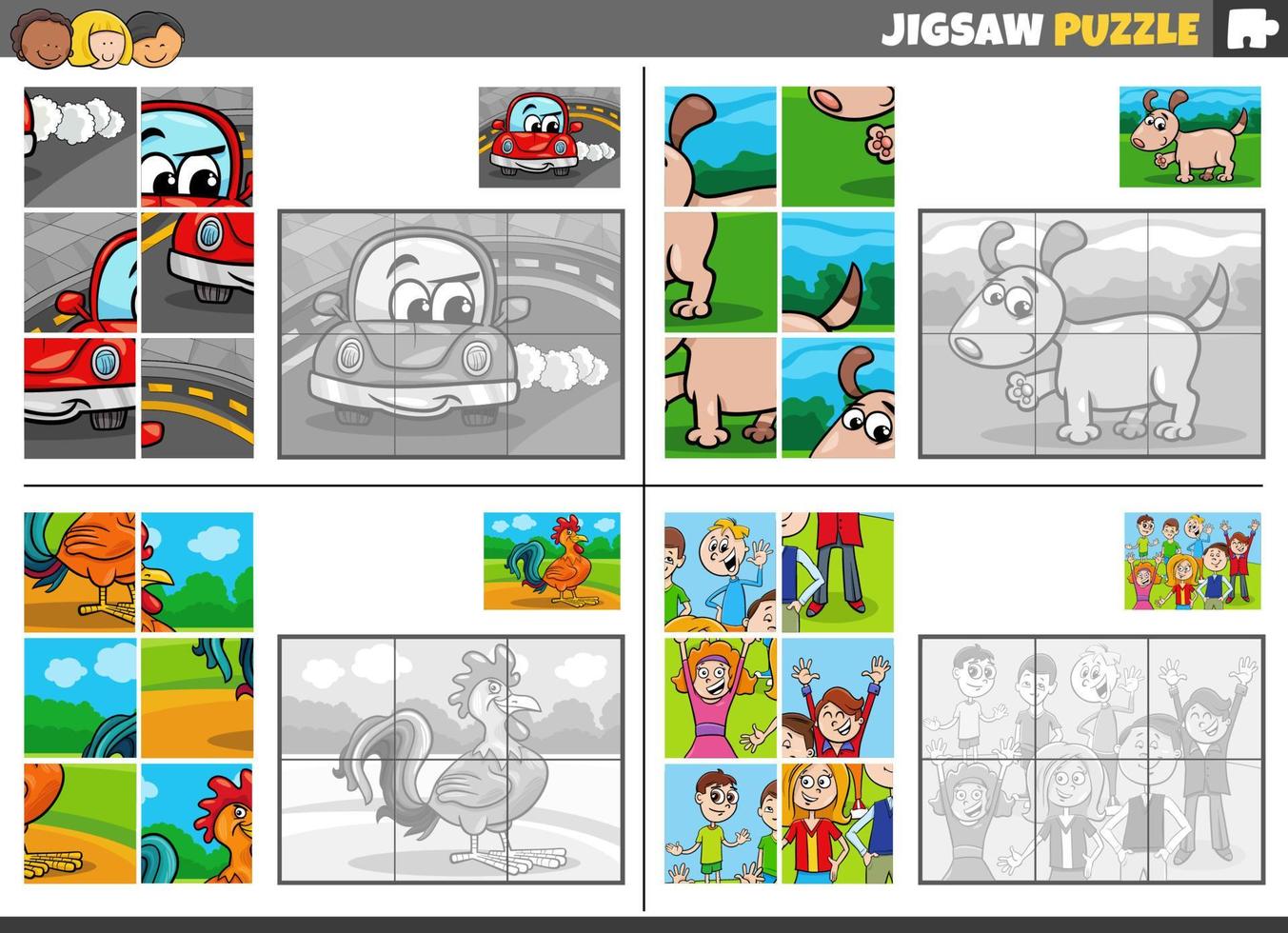 rompecabezas rompecabezas juego conjunto con dibujos animados caracteres vector