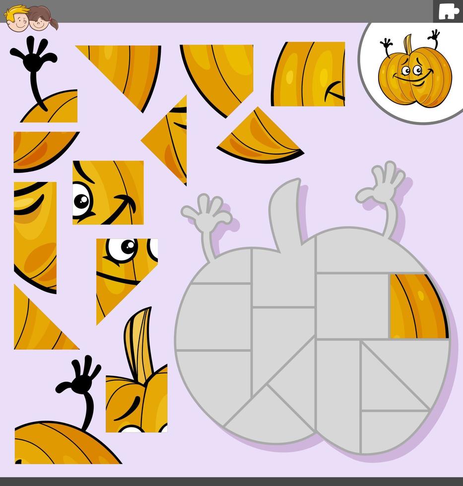 jigsaw puzzle game with cartoon pumpkin character vector