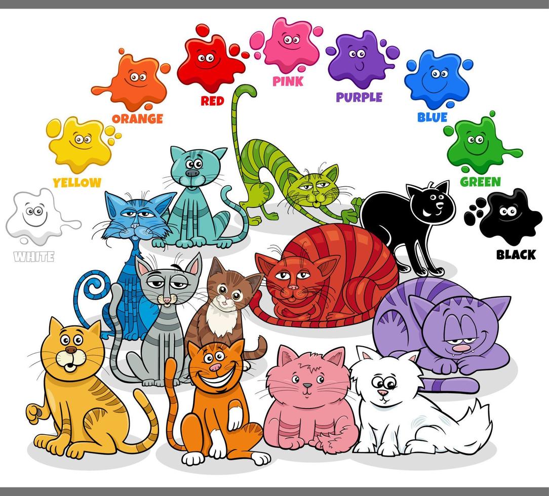 basic colors with group of cartoon colorful cats vector