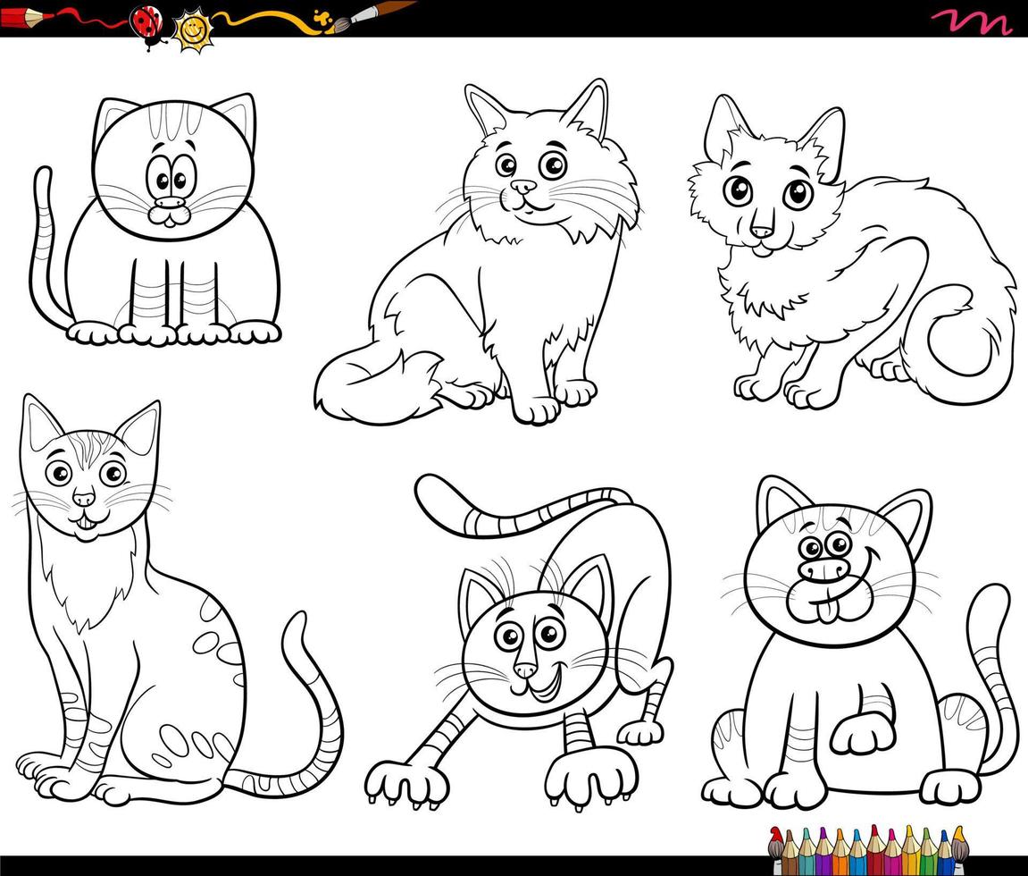 dibujos animados gatos cómic caracteres conjunto colorante página vector