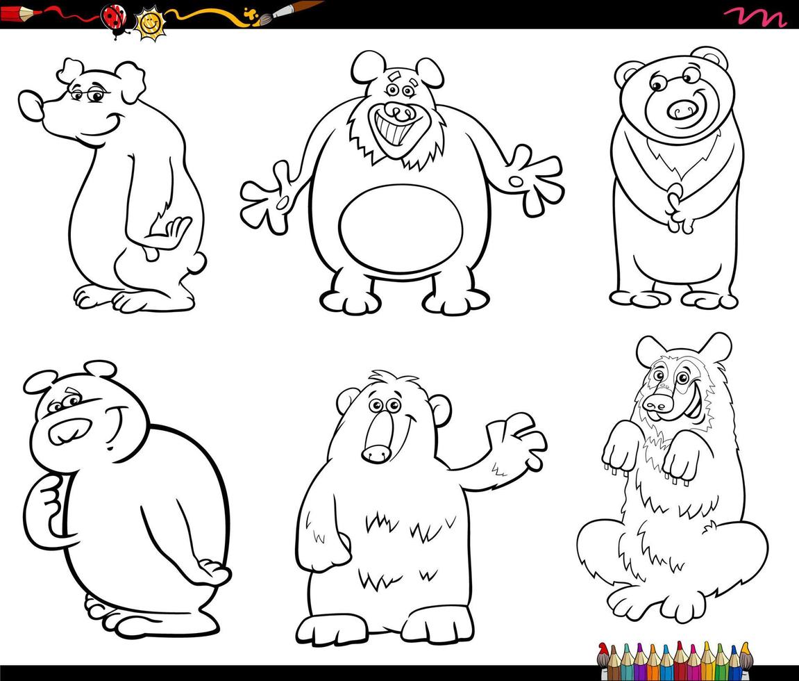 funny cartoon bears animal characters set coloring page vector