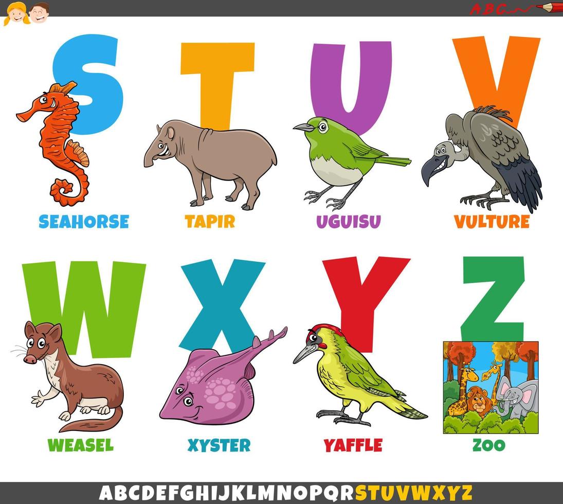 educational alphabet set with cartoon animal characters vector