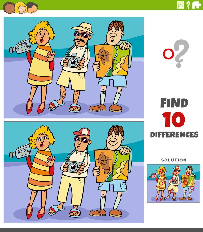 differences game with cartoon tourists characters vector