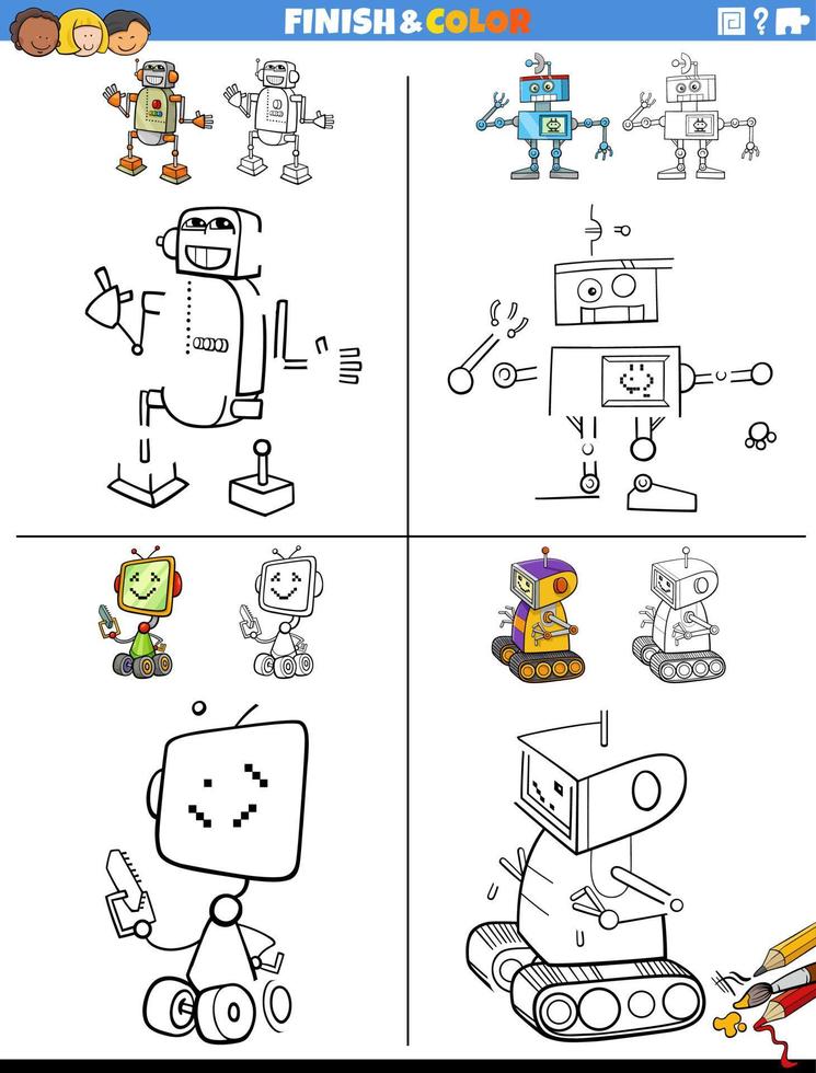 drawing and coloring worksheets set with robots characters vector
