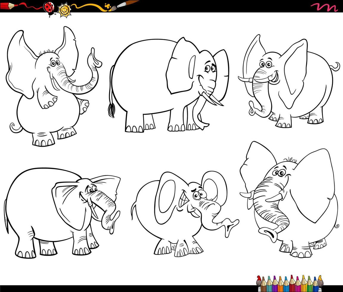 dibujos animados elefantes animal caracteres conjunto colorante página vector