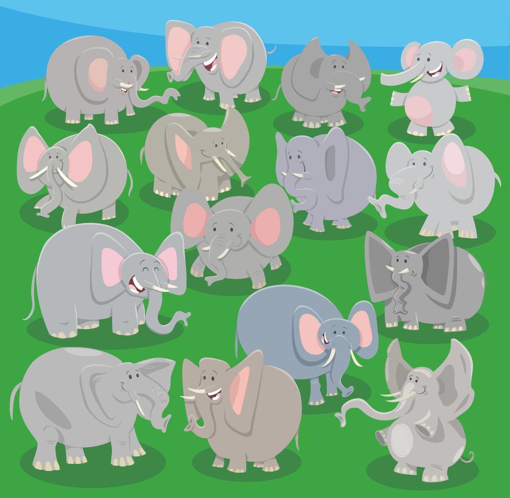 happy cartoon elephants wild animals characters group vector