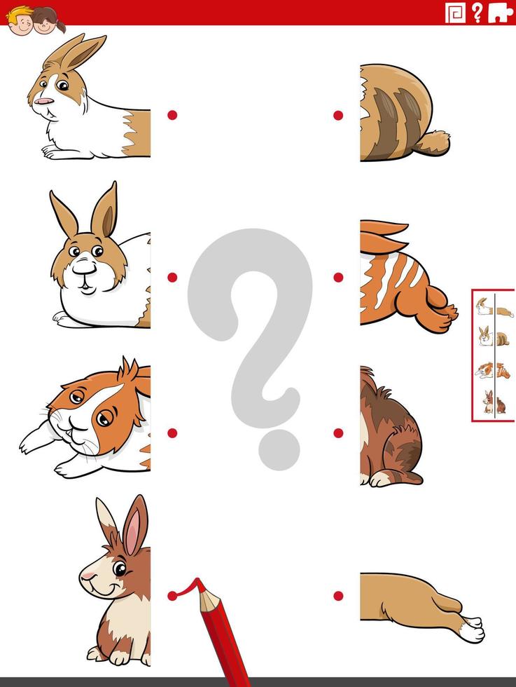 match halves of pictures with rabbits educational game vector