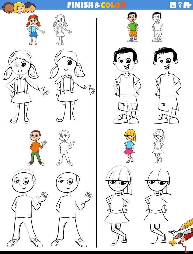 drawing and coloring worksheets set with children characters vector