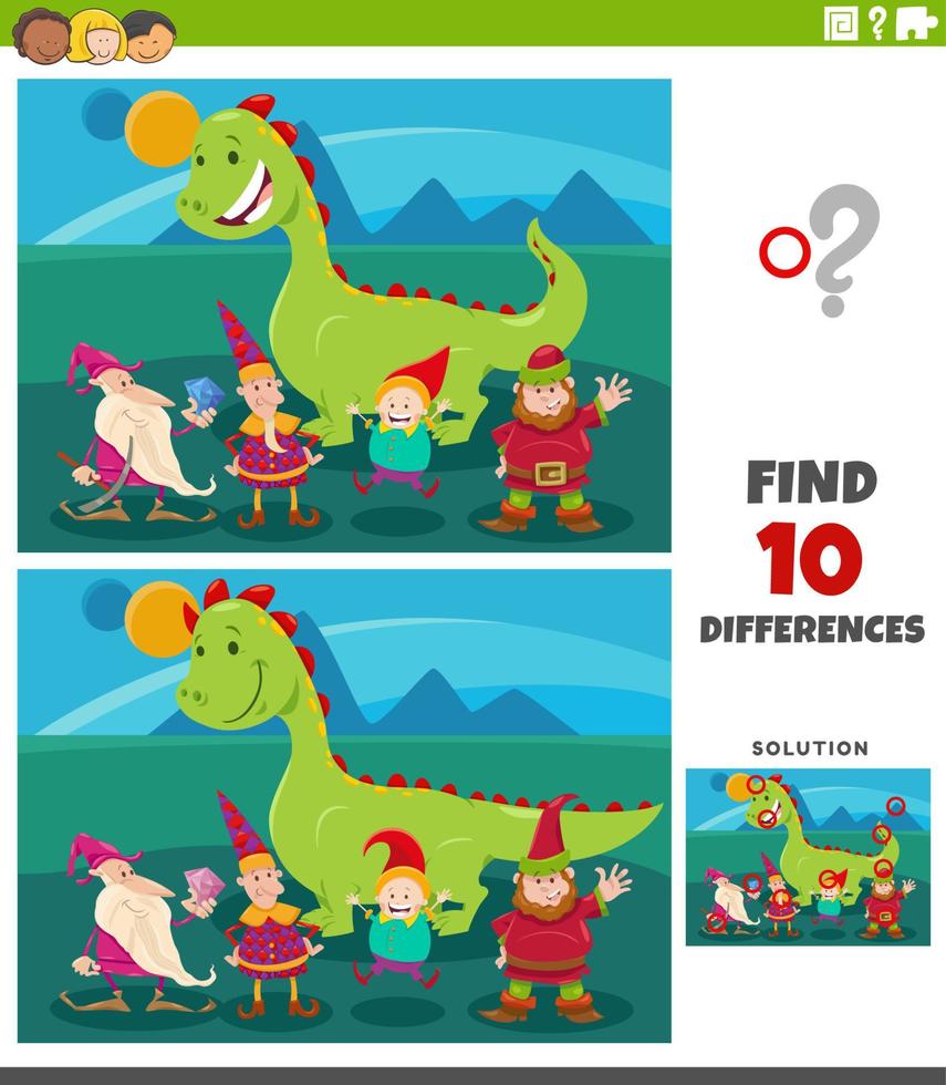 differences game with cartoon fantasy characters vector