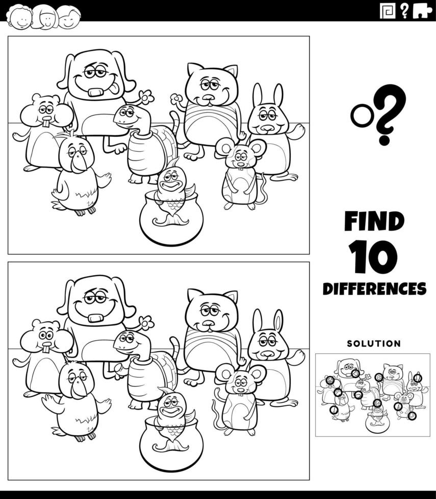 differences game with cartoon pets coloring page vector