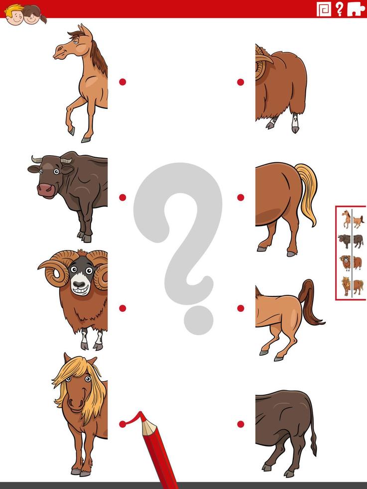 match halves of pictures with farm animals educational game vector