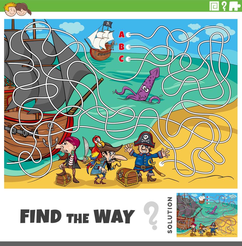 encontrar el camino laberinto juego con dibujos animados piratas en tesoro isla vector