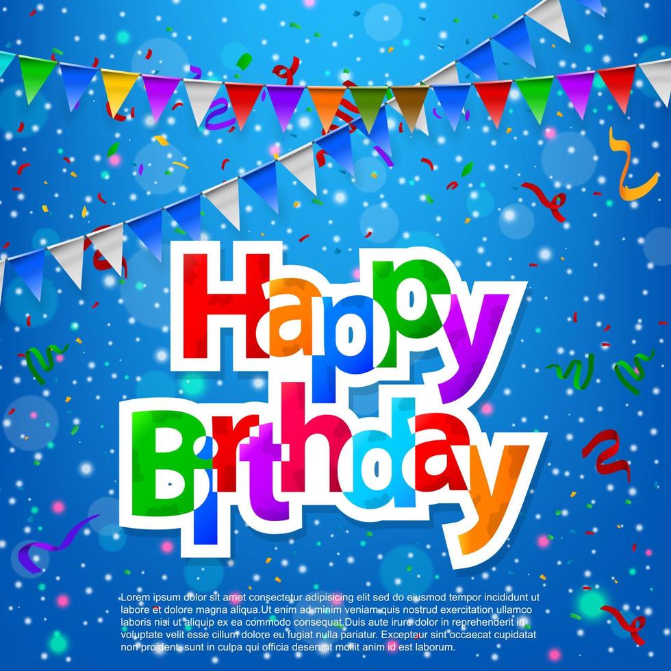 Happy Birthday greeting card with triangular flags and confetti ribbon, Vector Illustration