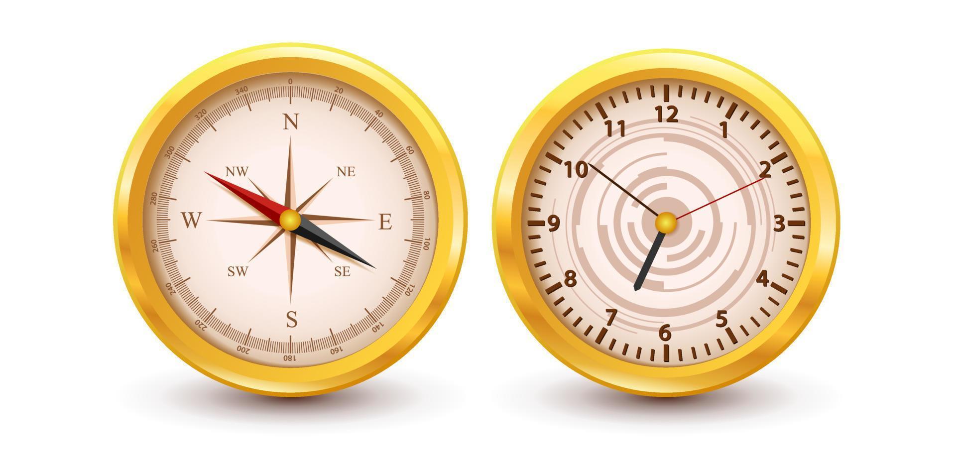 Gold luxury Clock and Compass, Vector illustration