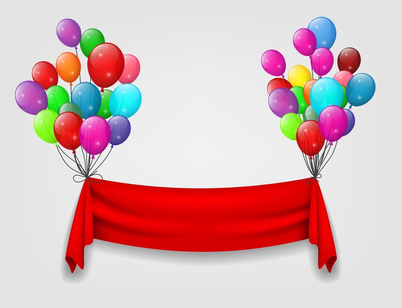 Red Ribbon Flying with Balloons, Vector Illustration