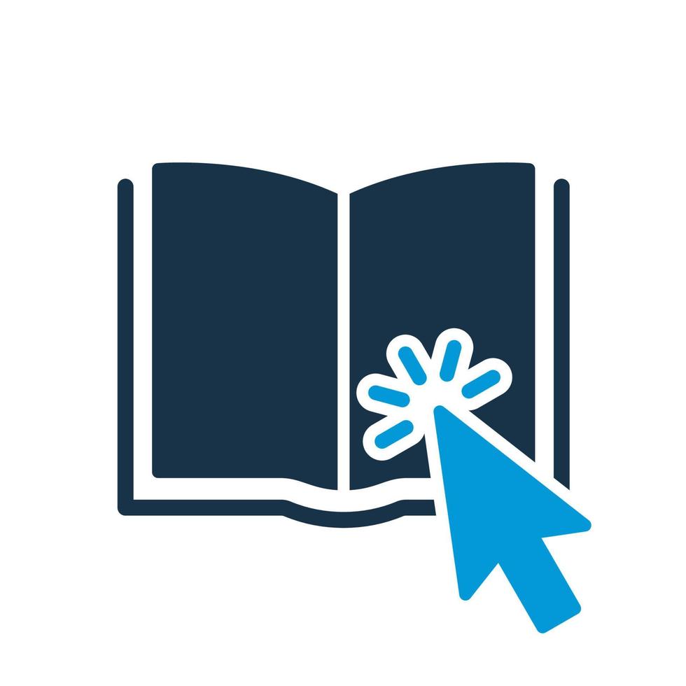 Online Library Application Silhouette Icon. Mouse Pointer with Open E-book. Electronic Book for Education and Learning. Choice and Download Online Book. Vector Isolated Illustration.