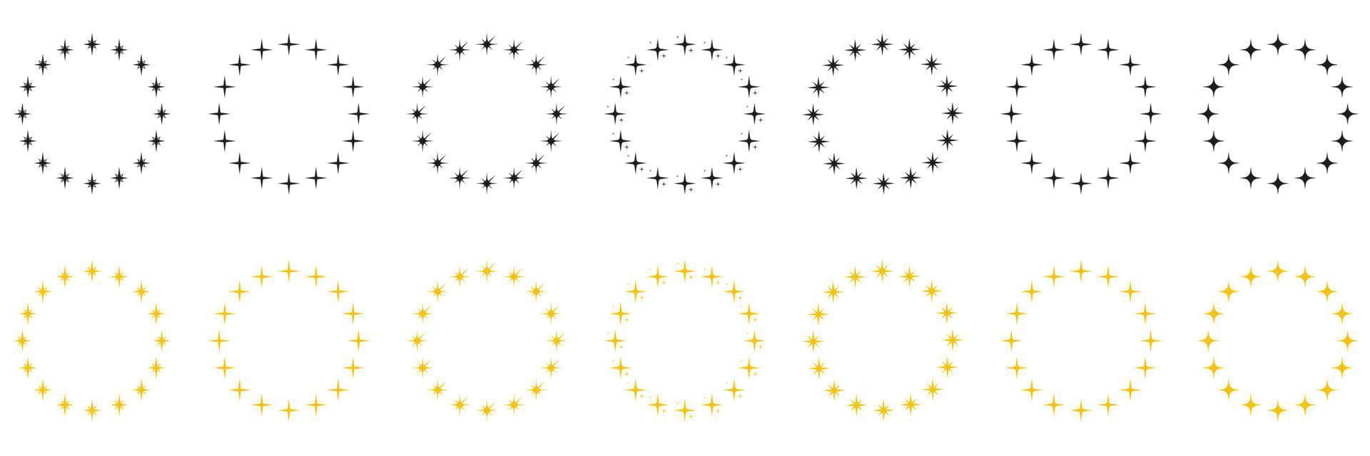 Stars in Circle Shape Silhouette Icon Set. Modern Round Award Frame with Gold and Black Stars Pictogram. Circular Decor Ornament Icon on White Background. Isolated Vector Illustration.