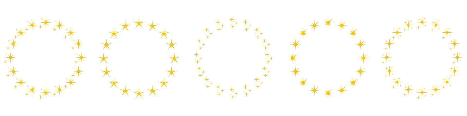 marco de premio redondo moderno con pictograma de estrellas doradas. conjunto de iconos de silueta de estrellas doradas en forma de círculo. icono de adorno de decoración circular sobre fondo blanco. ilustración vectorial aislada. vector