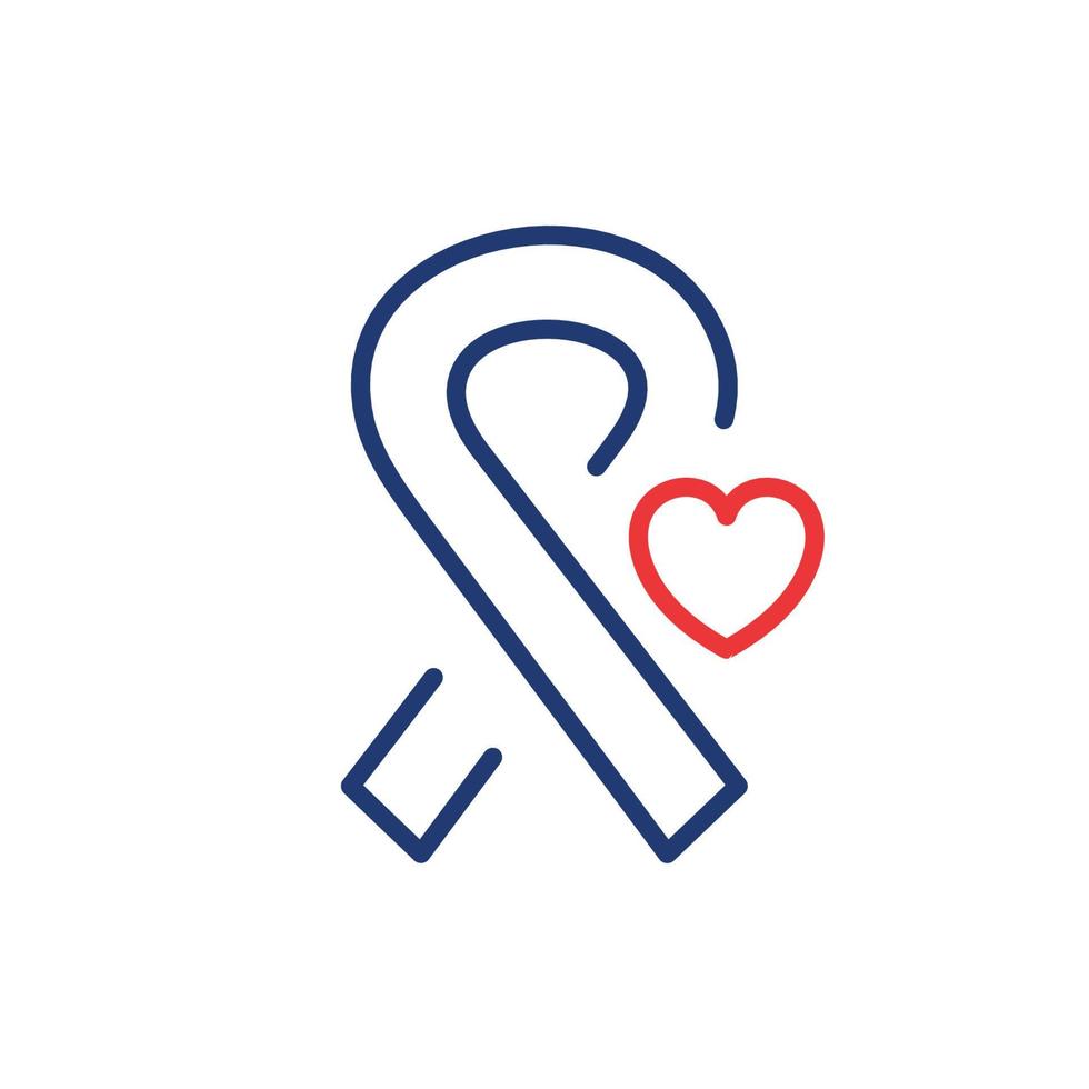 cinta de cáncer con icono de línea de corazón. apoyo y solidaridad para el pictograma lineal de pacientes con VIH y cáncer. icono de contorno de símbolo de conciencia. trazo editable. ilustración vectorial aislada. vector