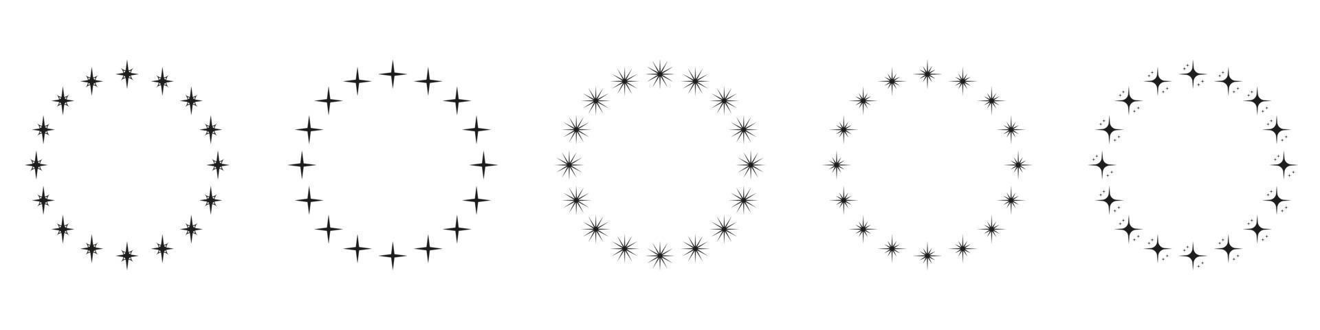 Stars in Circle Shape Silhouette Icon Set. Circular Decor Ornament Icon on White Background. Modern Round Award Frame with Black Stars Pictogram. Isolated Vector Illustration.