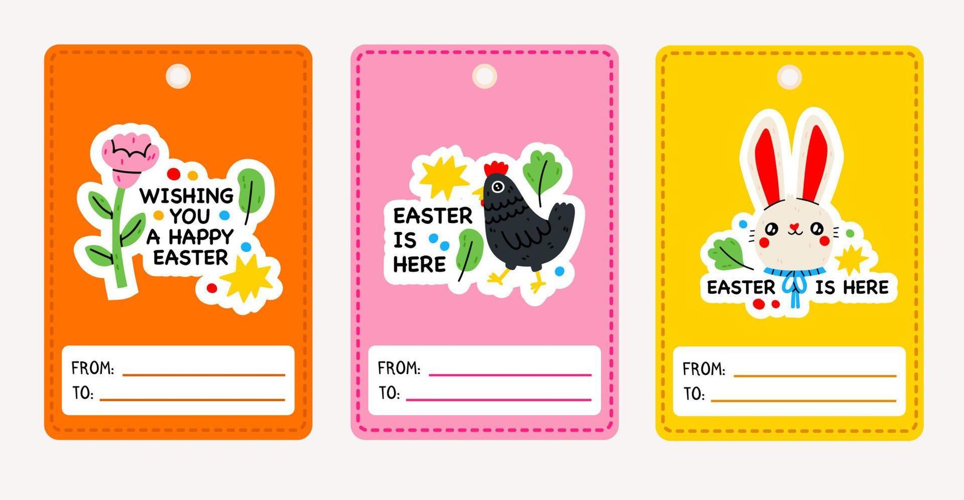Set of Easter gift tags and labels with cartoon characters and type design.Easter tag collection with colorful bunnies. Banner templates. Happy Easter. Label with flower, watering can, easter cake vector